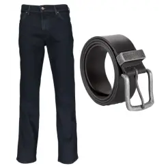 Wrangler jeans texas stretch blueblack og læder bælte - Bukser