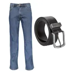 Wrangler jeans texas stretch stonewash og læder bælte - Bukser
