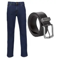 Wrangler jeans texas stretch darkstone og læder bælte - Bukser
